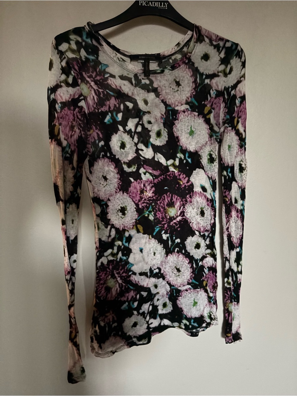 BCBGMaxAzria Black Floral Long-Sleeve Tee with Purple Accents
